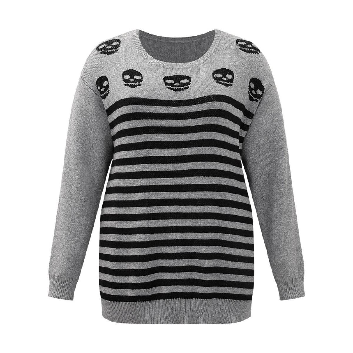 Plus Size Halloween Supersoft Essentials Skull Print Striped Round Neck Pullover DarkGray Women Casual Long Sleeve Round Neck Festival-Halloween Pullovers BloomChic 10/M Product Image