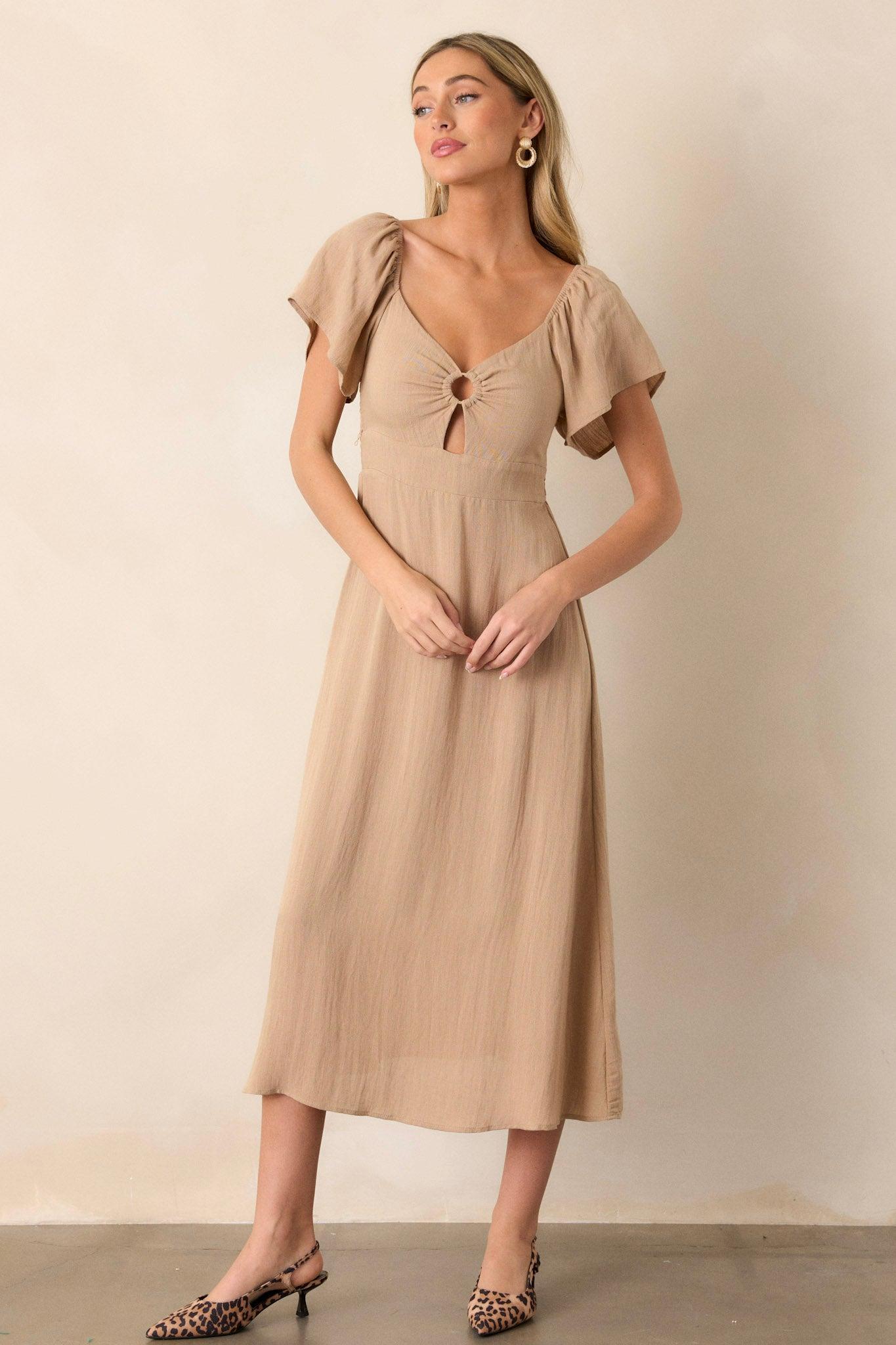 Boho Beauty Tan Puff Sleeve Midi Dress Product Image
