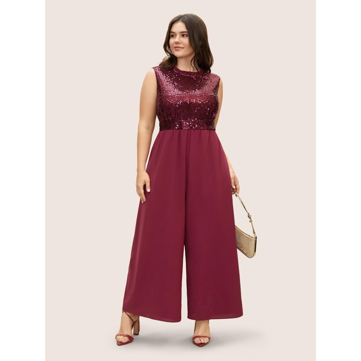 Plus Size Burgundy Sequin Patchwork Mock Neck Sleeveless Jumpsuit Women Cocktail Sleeveless Mock Neck Party Loose Jumpsuits BloomChic 14-16/1X Product Image