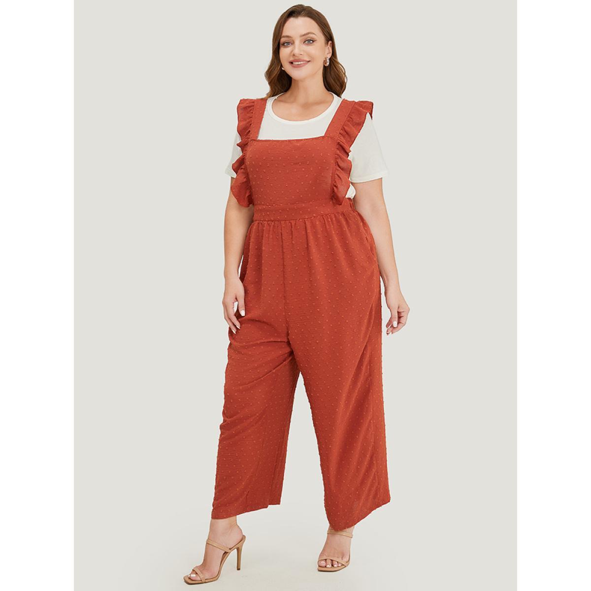 Plus Size Rust Polka Dot Square Neck Pocket Ruffle Trim Overall Jumpsuit Women Elegant Sleeveless Square Neck Dailywear Loose Jumpsuits BloomChic 22-24/3X Product Image