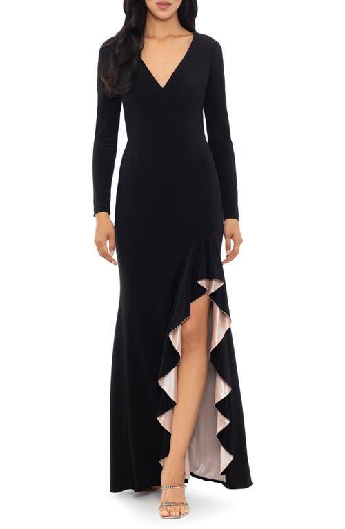 Xscape Womens Long-Sleeve Draped Contrast-Slit Dress - Black Product Image
