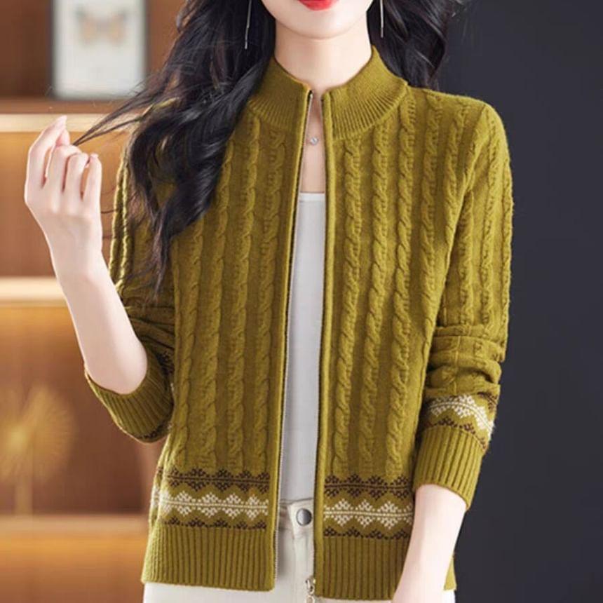 Stand Collar Patterned Zip Cable Knit Cardigan Product Image