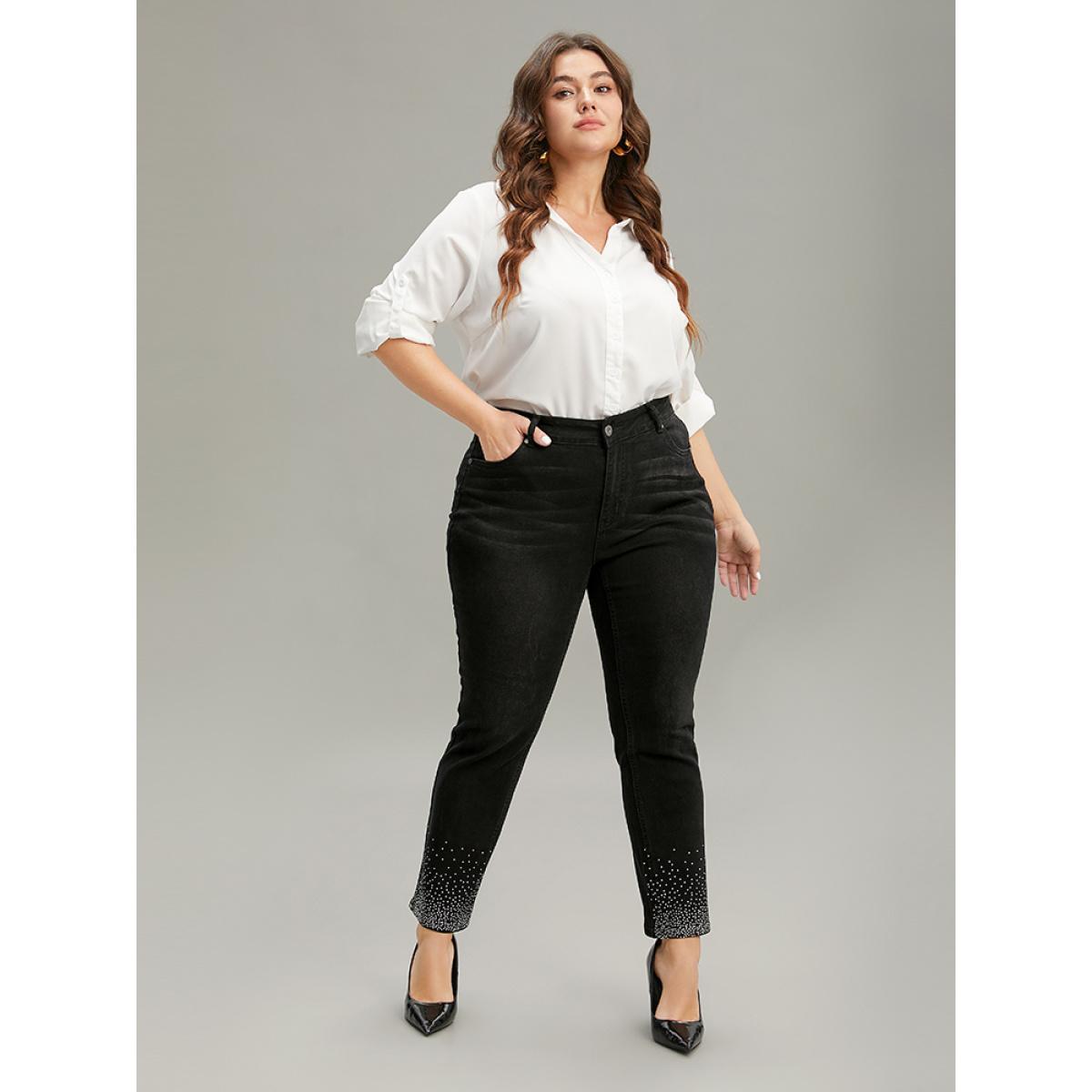 Plus Size Rhinestone Detail Black Wash Jeans Women DimGray Casual Plain Rhinestone detailing High stretch Pocket Jeans BloomChic 14/1X Product Image