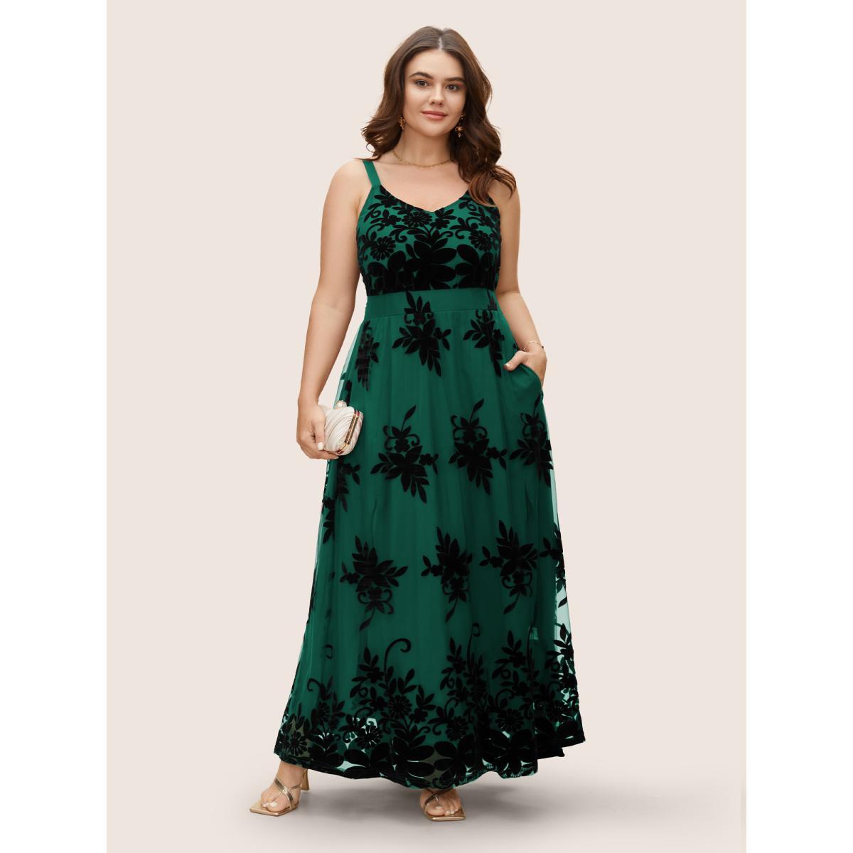 Plus Size Floral Flocked Tulle Split Hem Dress DarkGreen Women Formal Texture V-neck Sleeveless Curvy BloomChic 22-24/3X Product Image