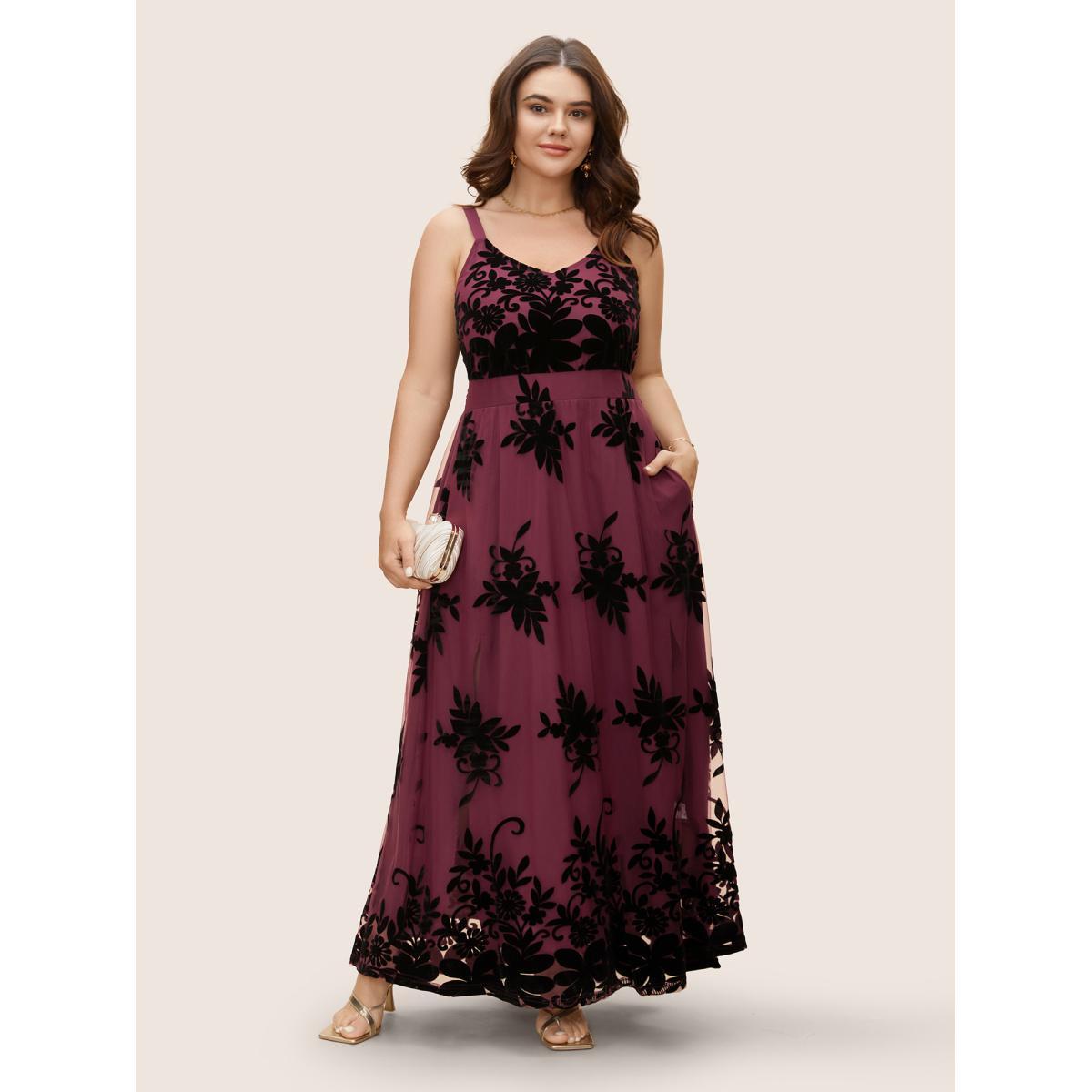 Plus Size Floral Flocked Tulle Split Hem Dress Burgundy Women Formal Texture V-neck Sleeveless Curvy BloomChic 28/5X Product Image
