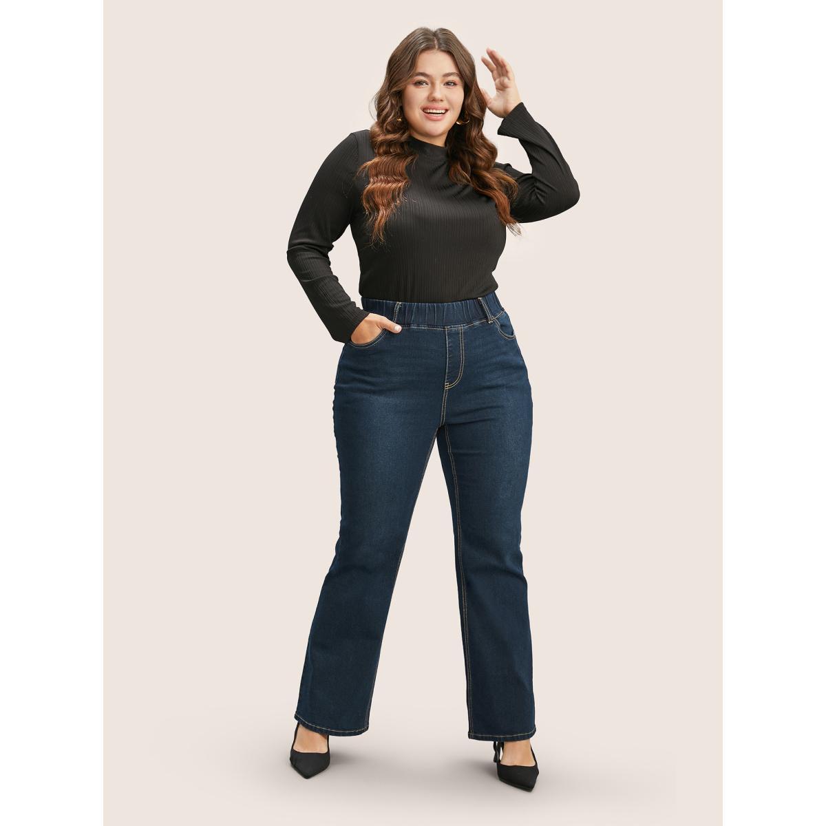 Plus Size Solid Elastic Waist Pocket Full Length Jeans Women Indigo Casual Plain Plain High stretch Slanted pocket Jeans BloomChic 30/6X Product Image