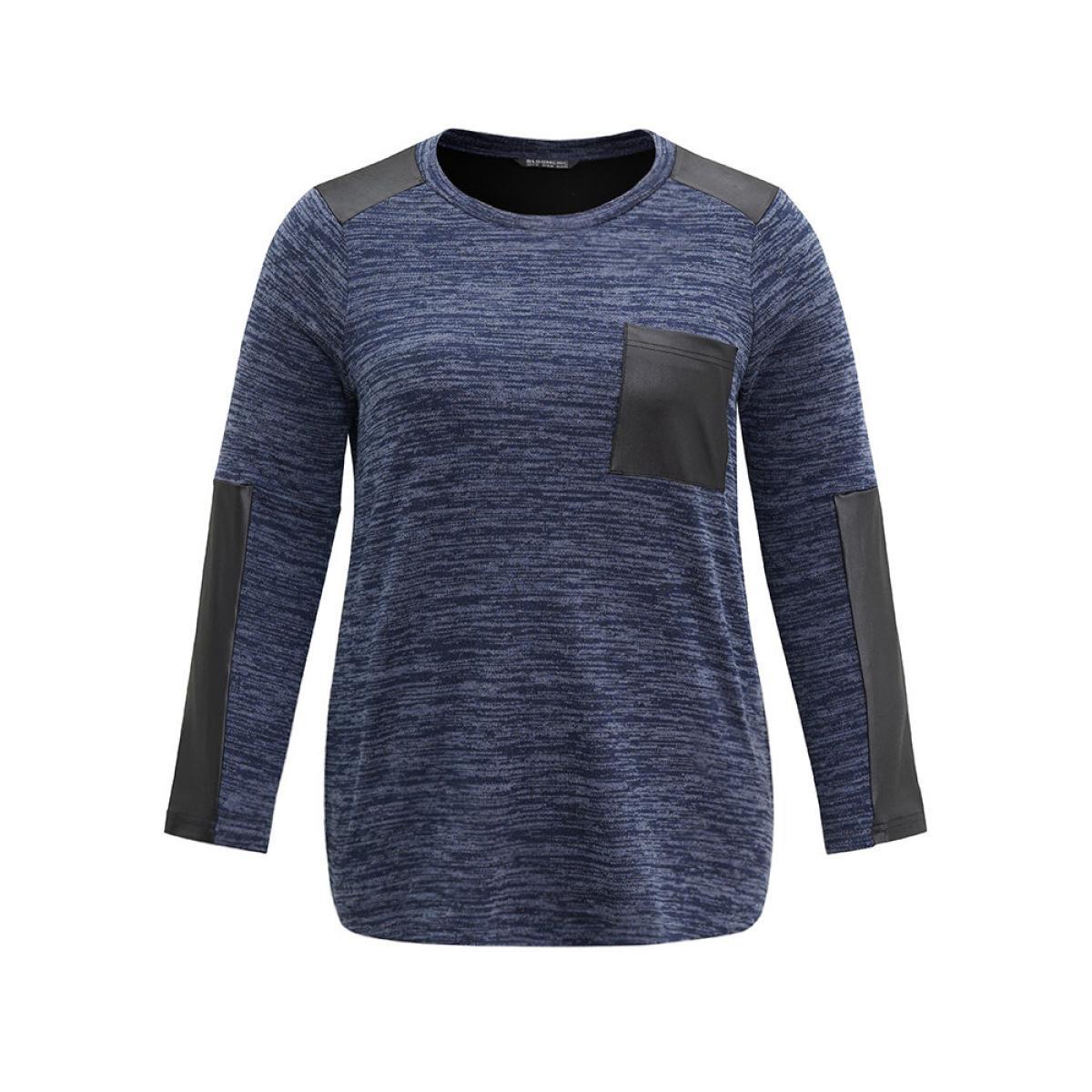 Plus Size Patchwork Heather Contrast Patched Pocket T-shirt Indigo Women Casual Contrast Plain Round Neck Dailywear T-shirts BloomChic 10/M Product Image