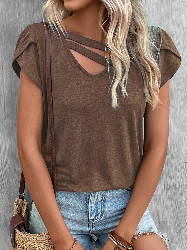 Loose Short Sleeves Solid Color V-Neck T-Shirts Tops Product Image