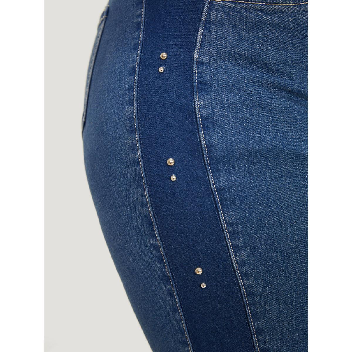 Plus Size Pearl Beaded Patchwork Medium Wash Jeans Women Indigo Casual Colorblock Beaded High stretch Pocket Jeans BloomChic 12/L Product Image
