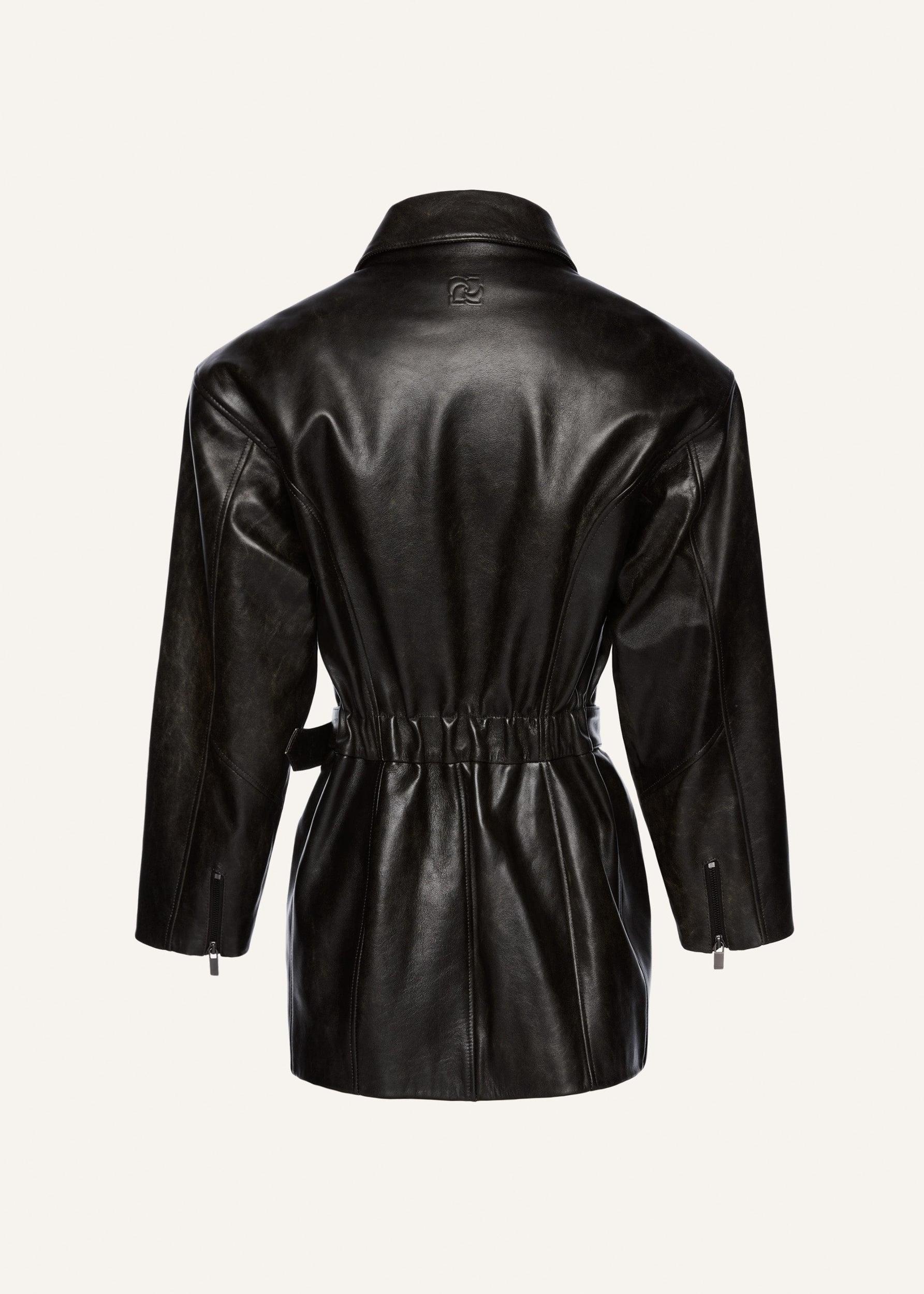 Cinched leather jacket in black vintage with belt Product Image
