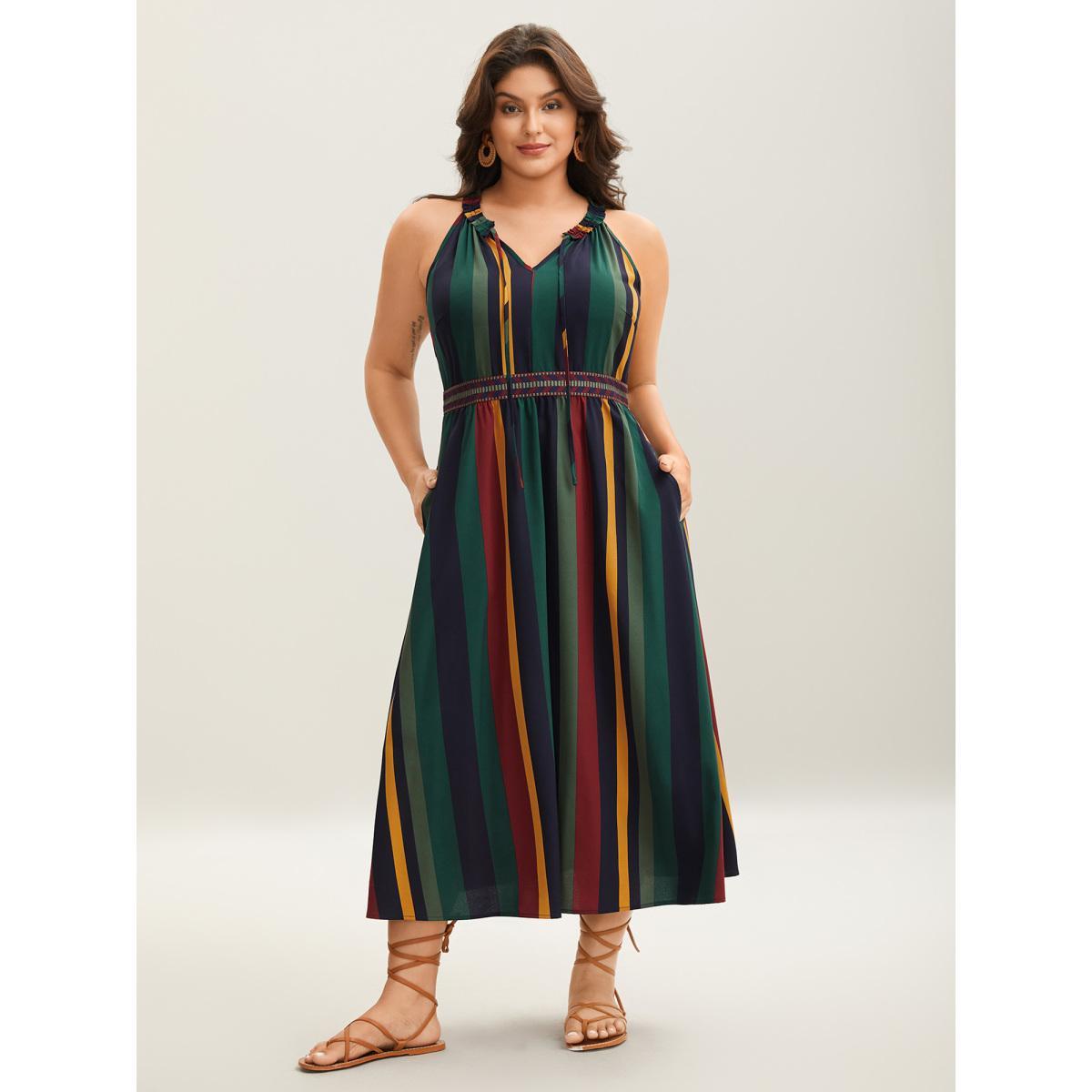 Plus Size Multi-Color Stripes Waist-Defining Midi Dress Multicolor Women Tie knot V-neck Sleeveless Curvy BloomChic 10/M Product Image