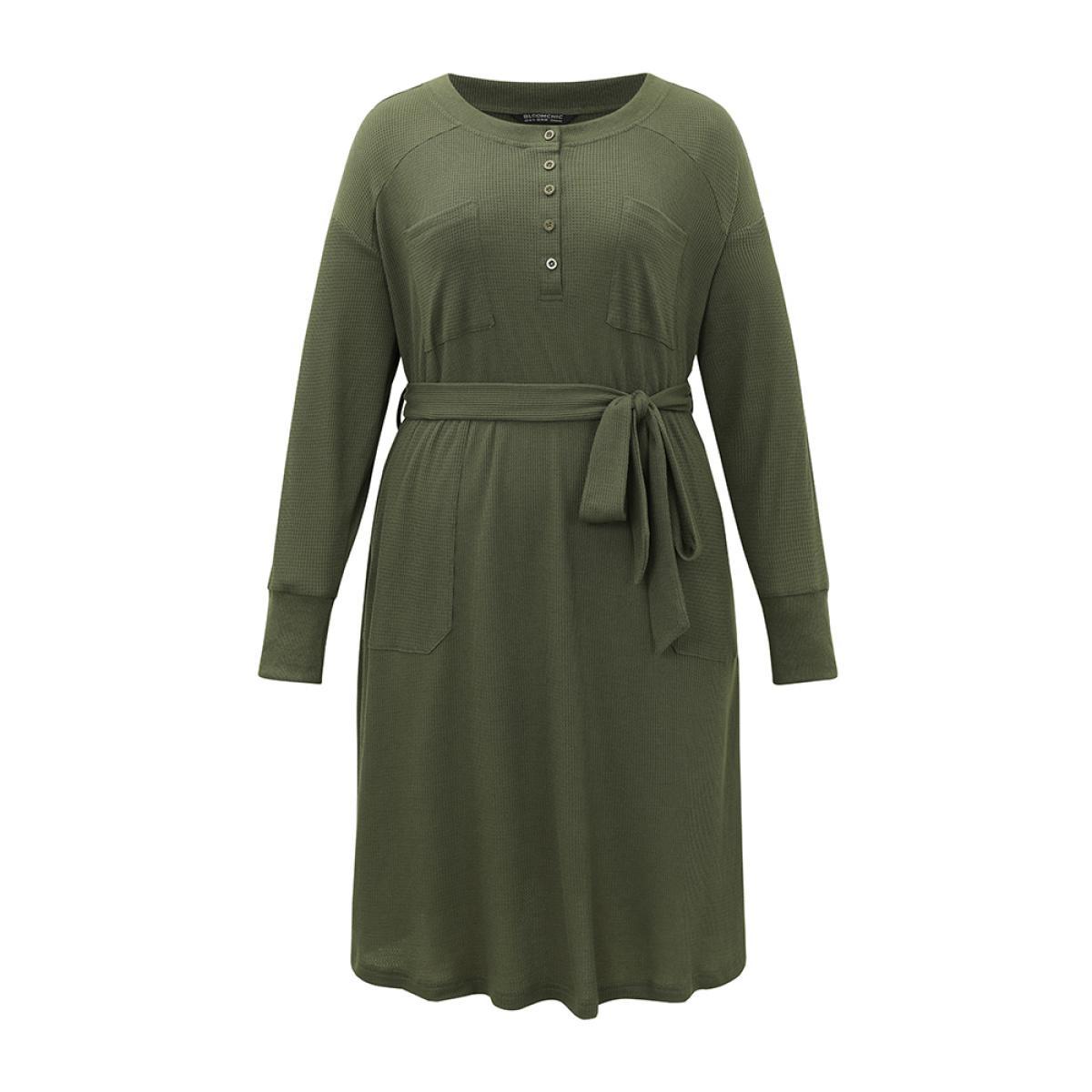 Plus Size Plain Textured Belted Button Up Dress ArmyGreen Women Casual Texture Round Neck Long Sleeve Curvy Midi Dress BloomChic 14-16/1X Product Image