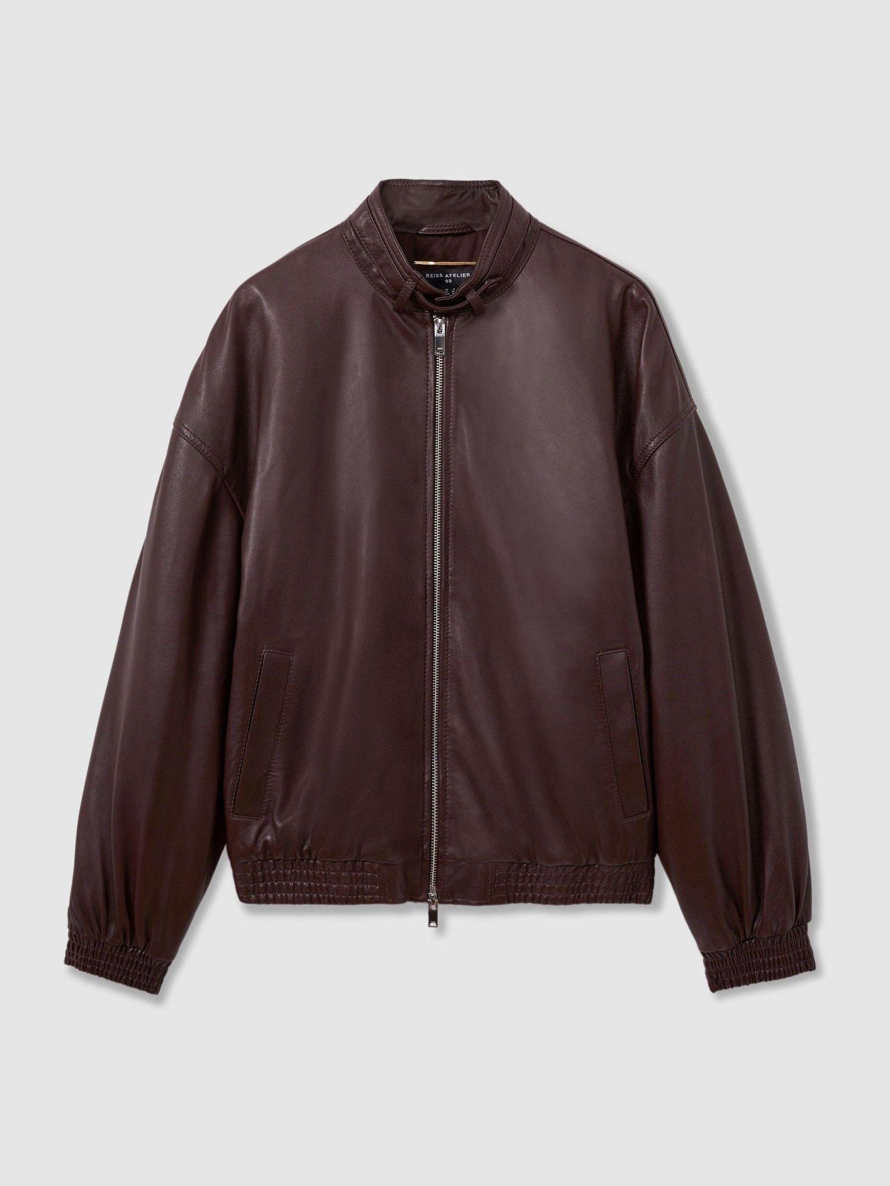 Atelier Leather Latched-Collar Bomber Jacket in Berry Product Image
