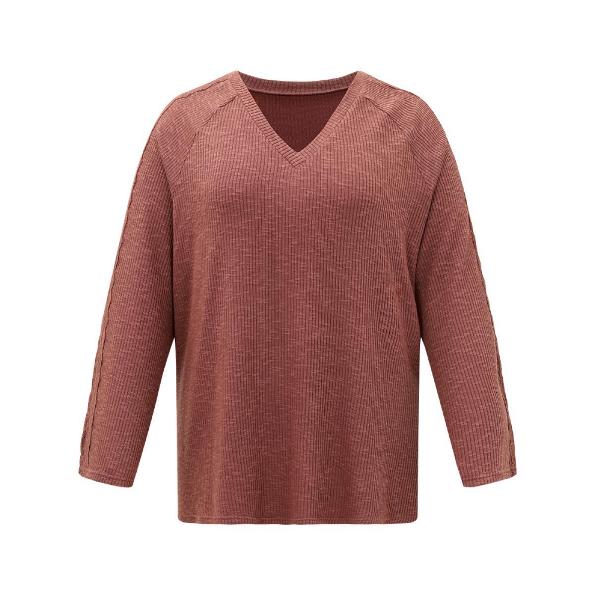 Plus Size Rib Knit Lace Panel Raglan Sleeve T-shirt DustyPink Women Elegant Texture Plain V-neck Dailywear T-shirts BloomChic 28/5X Product Image