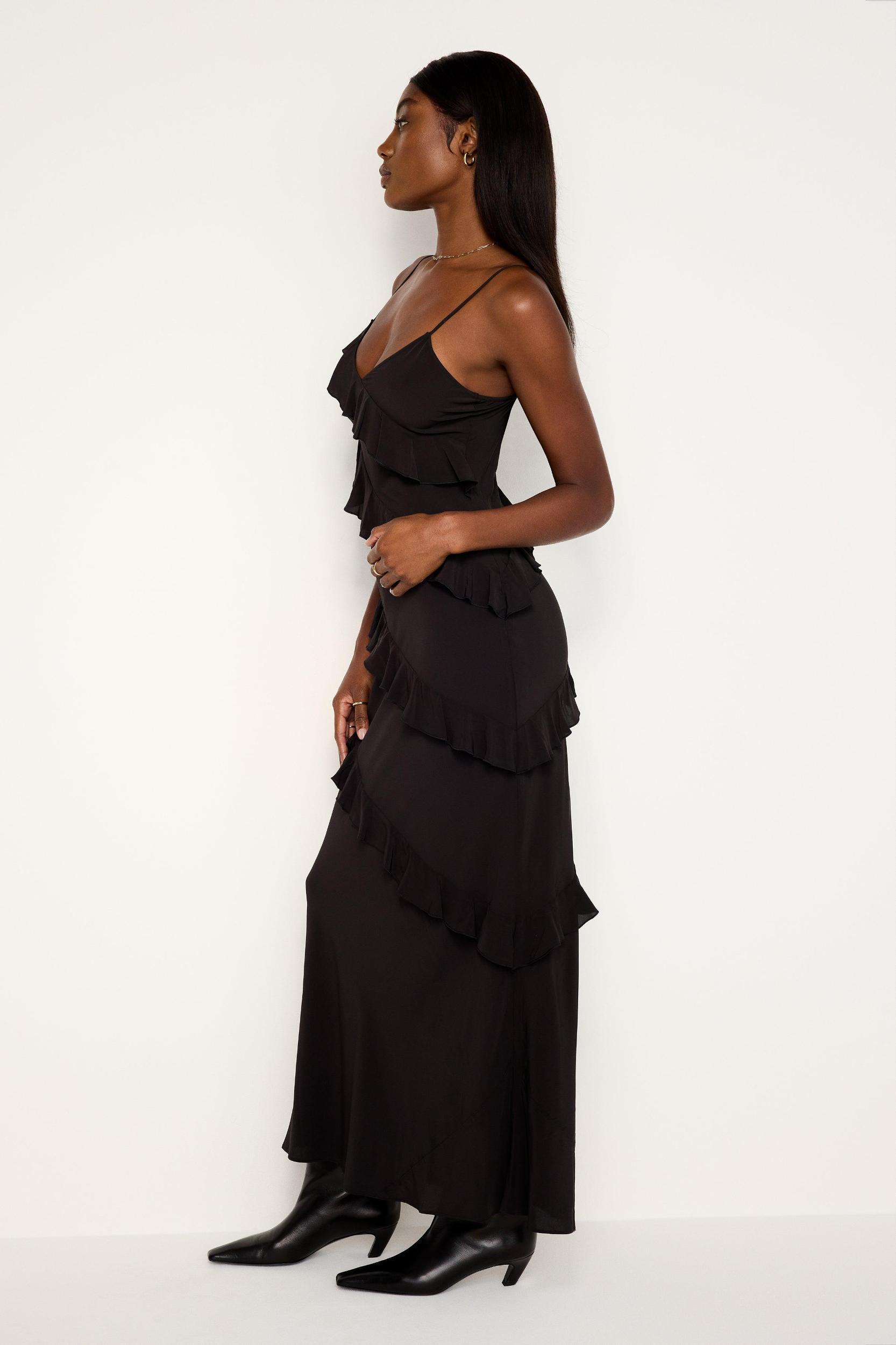CHIFFON RUFFLE SLIP DRESS | BLACK001 Product Image