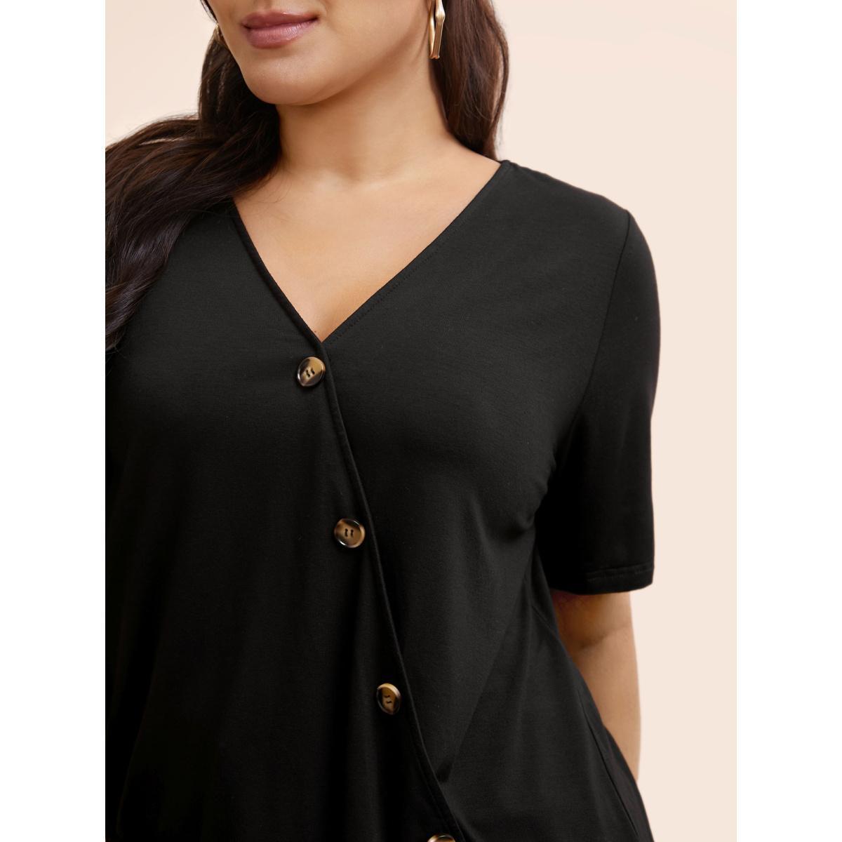 Plus Size Plain V Neck Button Detail Flutter Sleeve T-shirt Black Women Casual Plain Plain V-neck Dailywear T-shirts BloomChic 22-24/3X Product Image
