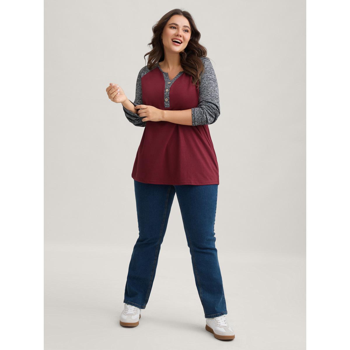 Plus Size Heather Patchwork Button Detail Stretchy T-Shirt Burgundy Women Casual Contrast Flat collar with V-notch Everyday T-shirts BloomChic 28/5X Product Image