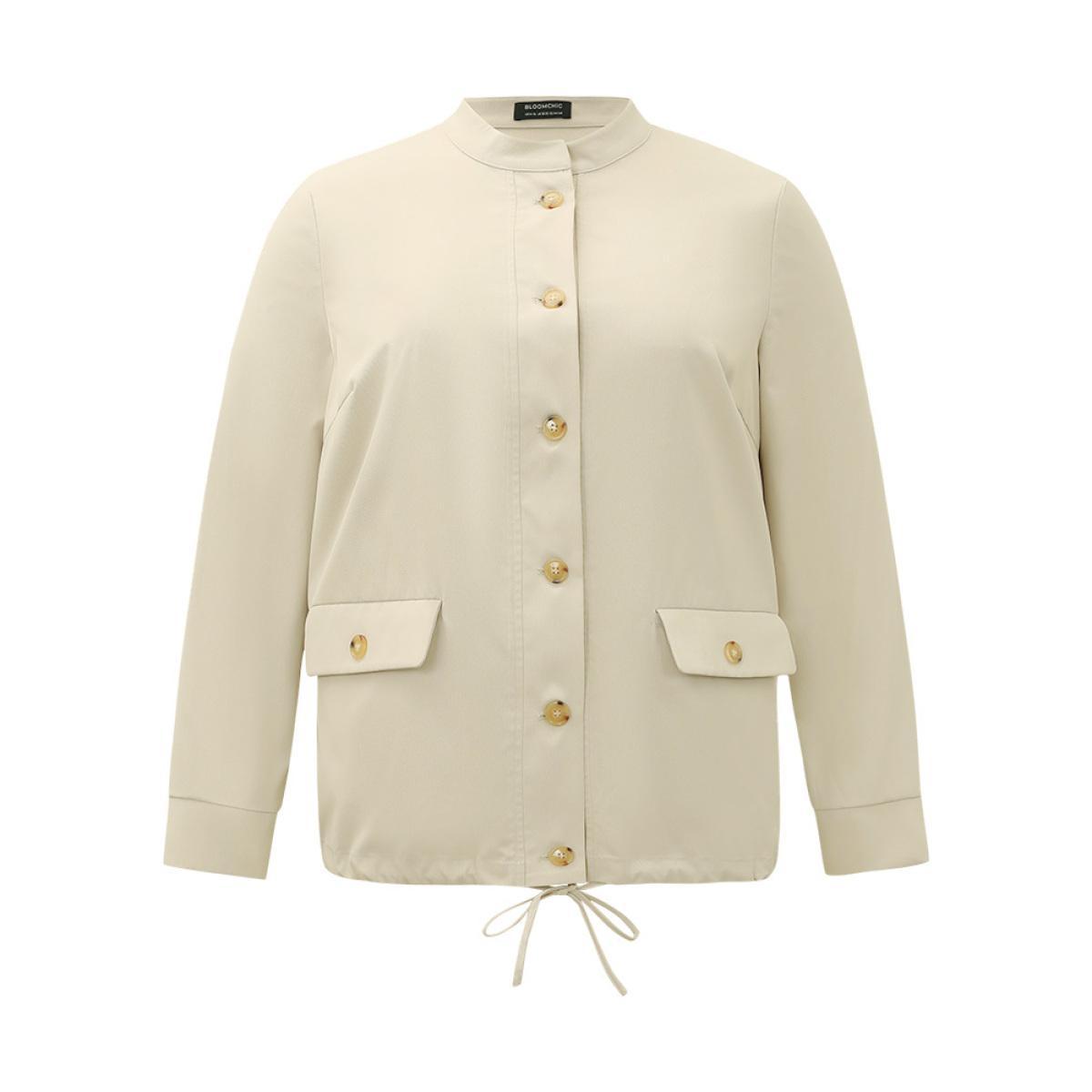 Plus Size Solid Stand Collar Drawstring Flap Pocket Jacket Women Ivory Casual Plain Ladies Dailywear Winter Coats BloomChic 30/6X Product Image