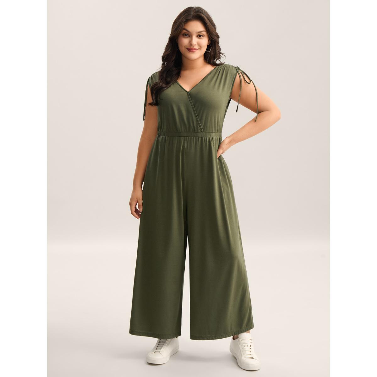 Plus Size Moss Drawstring Shoulder Plain Straight-Leg Jumpsuit Women Sleeveless Overlap Collar Everyday-Casual Loose Jumpsuits BloomChic 26/4X Product Image