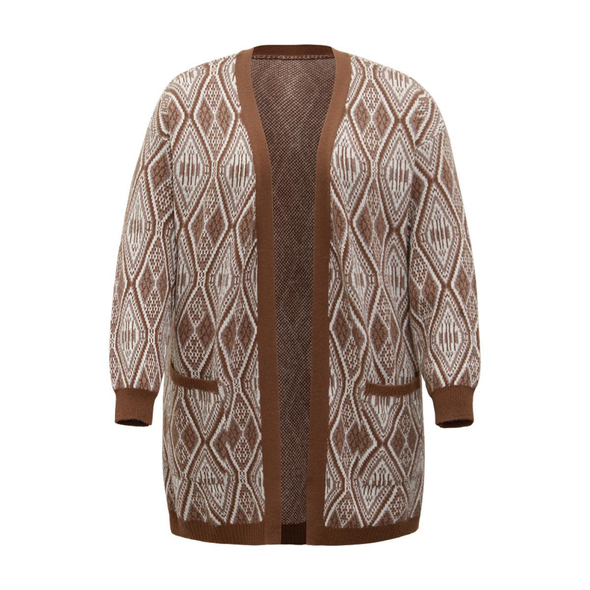Plus Size Geometric Graphic Patched Pocket Jacquard Cardigan DarkBrown Women Casual Loose Long Sleeve Dailywear Cardigans BloomChic 30/6X Product Image