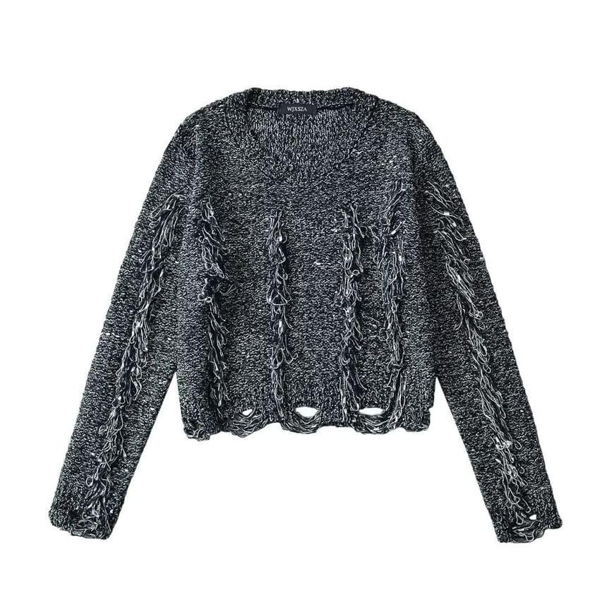 Crew Neck Plain Distressed Crop Sweater Product Image