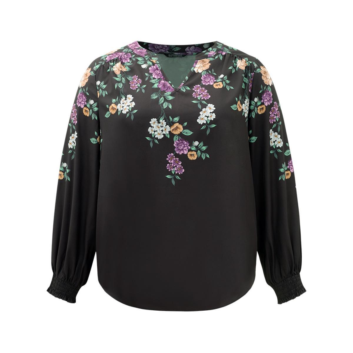 Plus Size Black Floral Print Shirred Curved Hem Blouse Women Elegant Long Sleeve V-neck Dailywear Blouses BloomChic 30/6X Product Image