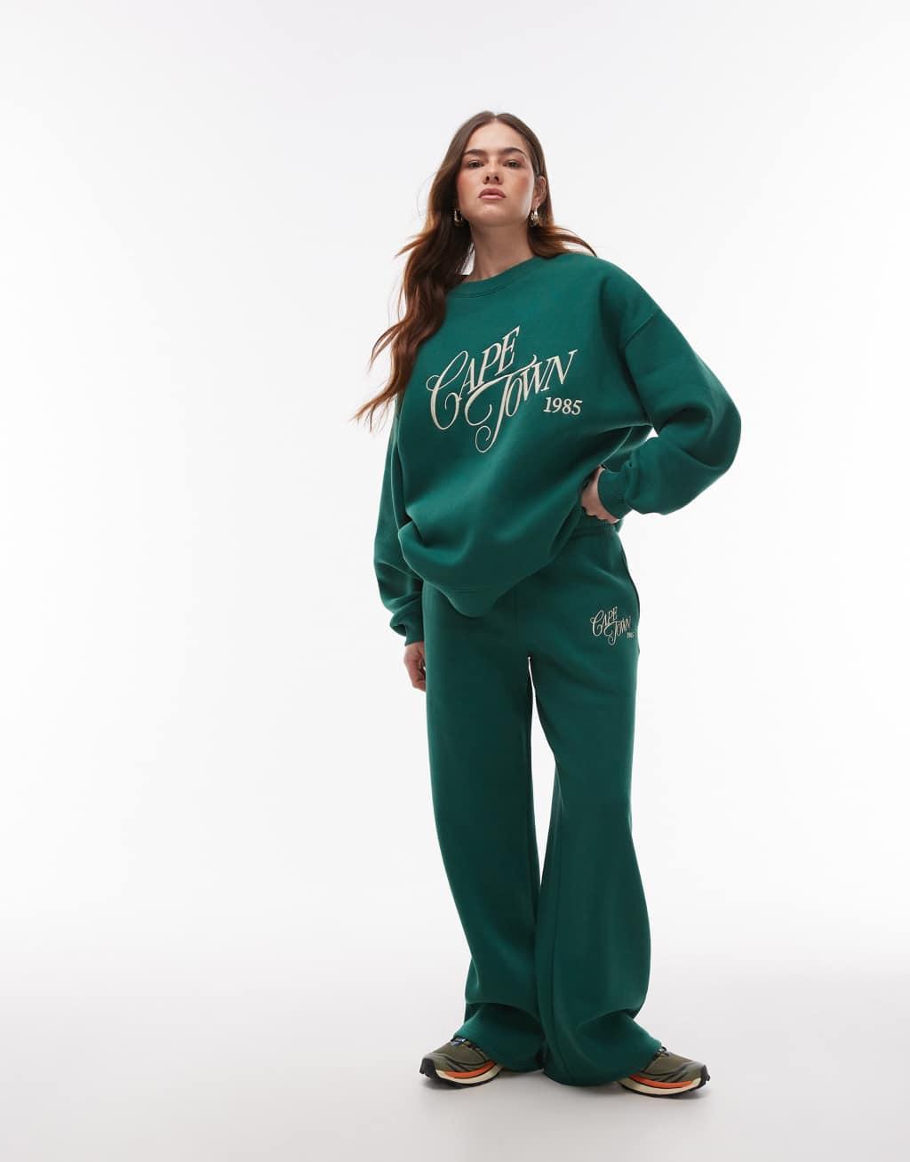 Topshop graphic cape town oversized sweatshirt in dark green - part of a set Product Image
