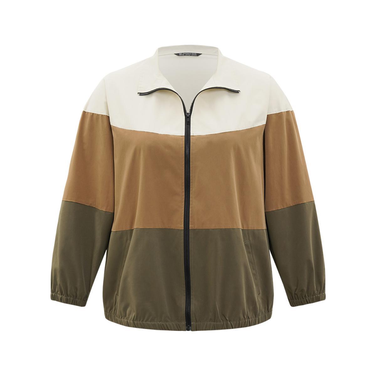 Plus Size Colorblock Contrast Zipper Pocket Elastic cuffs Coat Women Multicolor Casual Elastic cuffs Ladies Dailywear Winter Coats BloomChic 22-24/3X Product Image