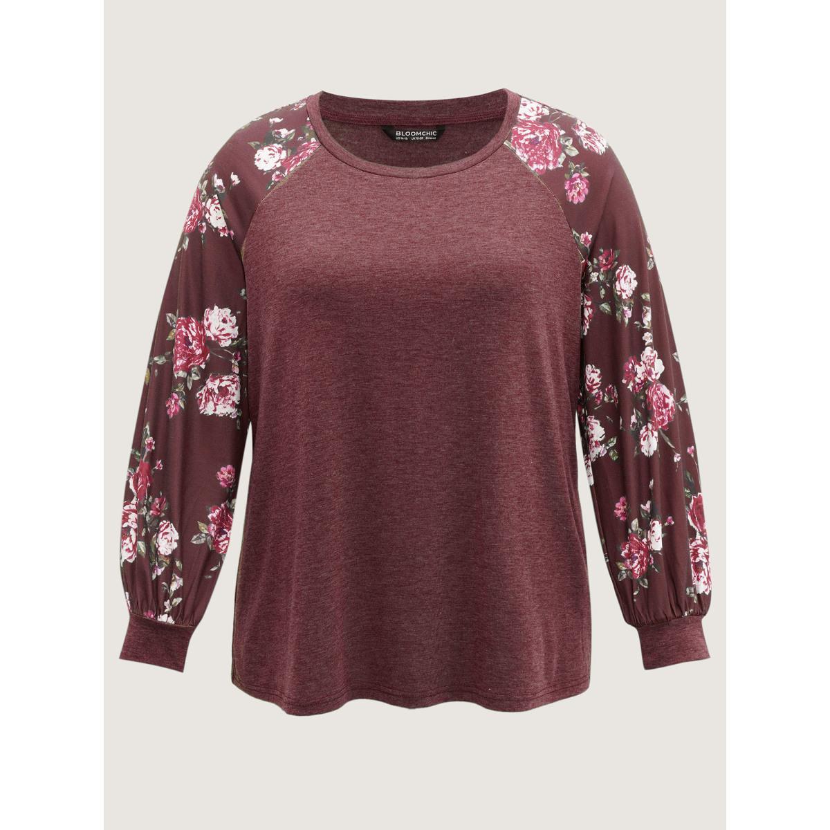 Plus Size Floral Patchwork Crew Neck Raglan Sleeve T-shirt Russet Women Elegant Printed Floral Round Neck Dailywear T-shirts BloomChic 26/4X Product Image