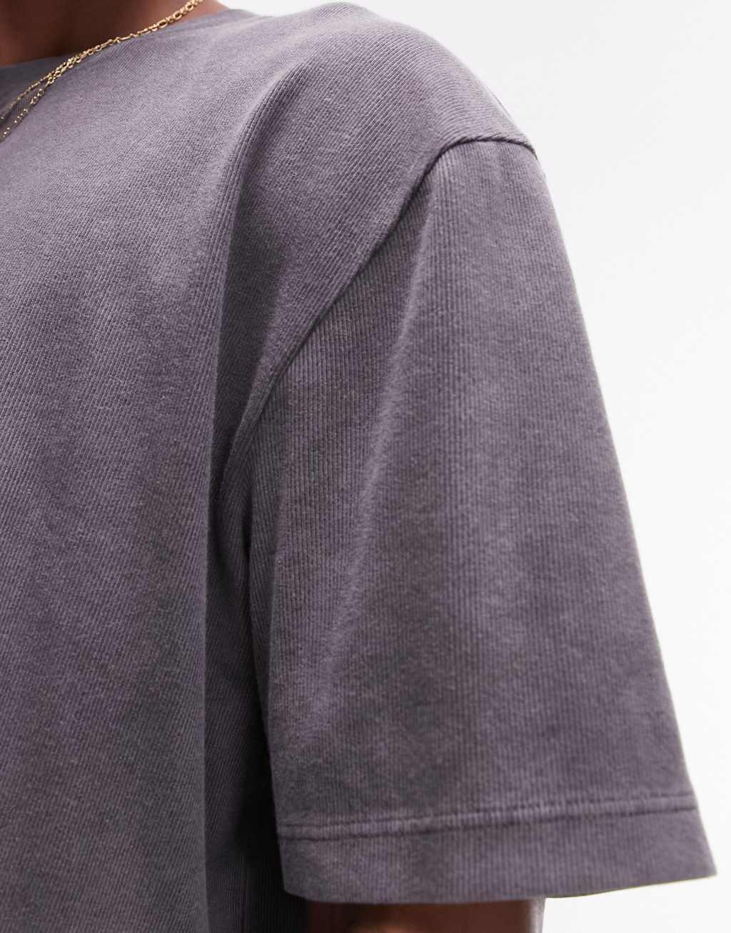 Topman oversized ribbed T-shirt in washed black Product Image