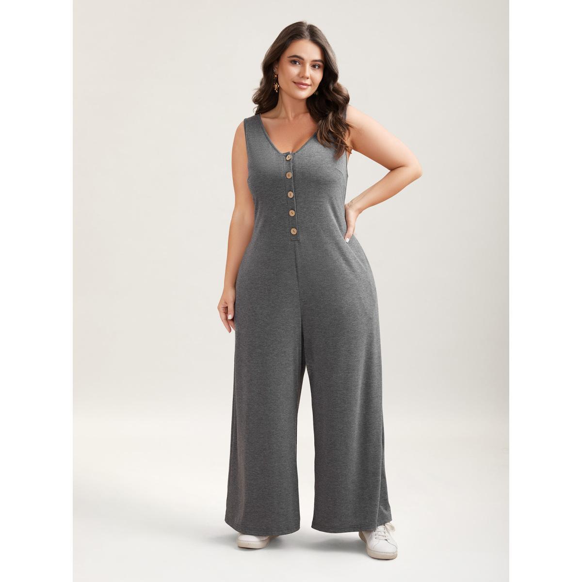 Plus Size DimGray Button-Front Lightweight Wide-Leg Jumpsuit Women Casual Sleeveless V-neck Everyday-Casual Loose Jumpsuits BloomChic 18-20/2X Product Image
