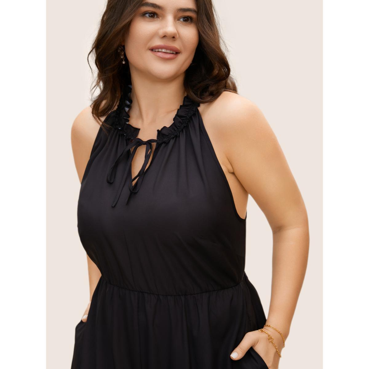 Plus Size Black Lily Print Frill Trim Tie Knot Jumpsuit Women Elegant Sleeveless Round Neck Everyday Loose Jumpsuits BloomChic 12/L Product Image