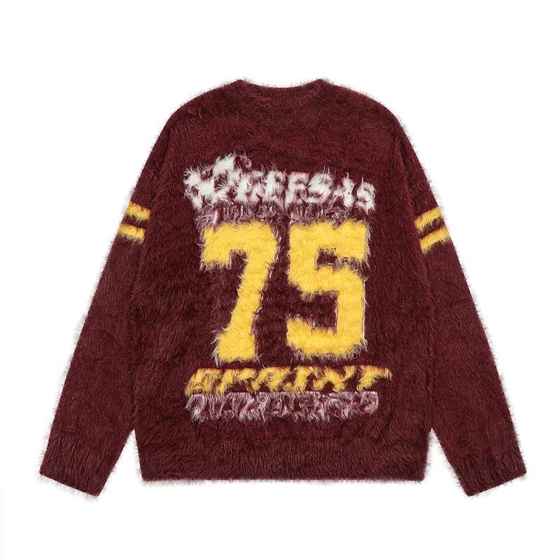 Long-Sleeve Crew Neck Numbering Sweater Product Image