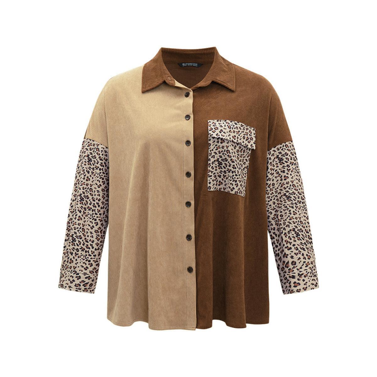 Plus Size Leopard Patchwork Pocket Contrast Button Through Coat Women DarkBrown Texture Pocket Dailywear Jackets BloomChic 18-20/2X Product Image