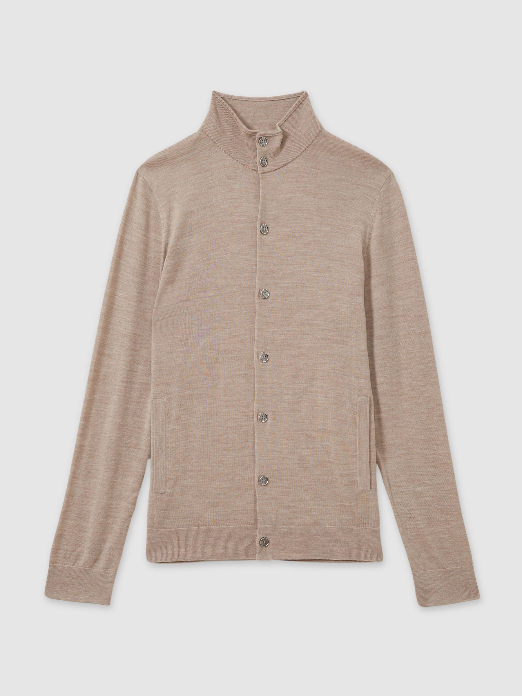 Merino Wool Button-Through Funnel Neck Cardigan in Wheat Melange Product Image