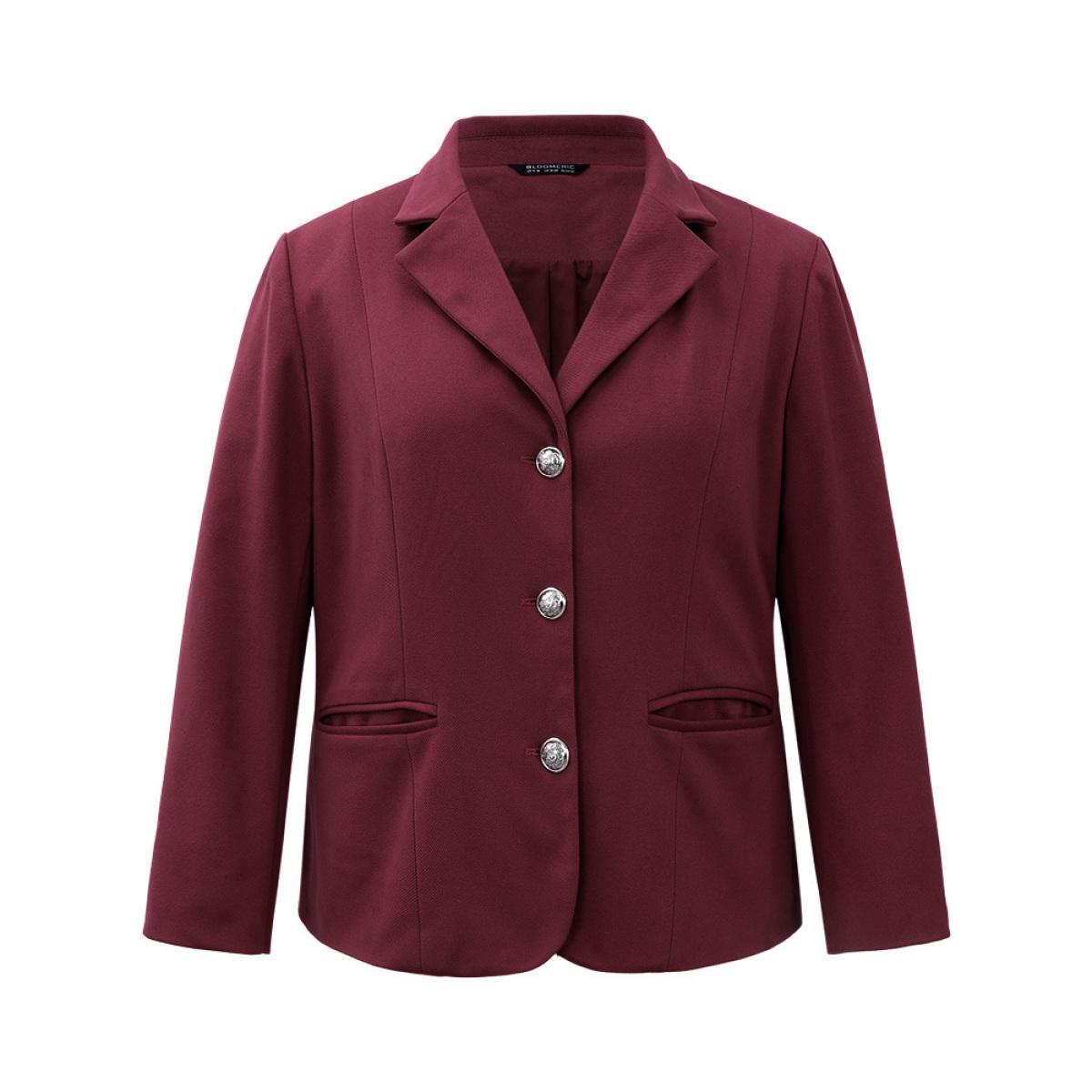 Plus Size Solid Button Fly Pocket Suit Collar Blazer Burgundy Women Work Plain Button Sleeve Long Sleeve Suit Collar 22-24/3X Pocket Elegant Blazers BloomChic Product Image