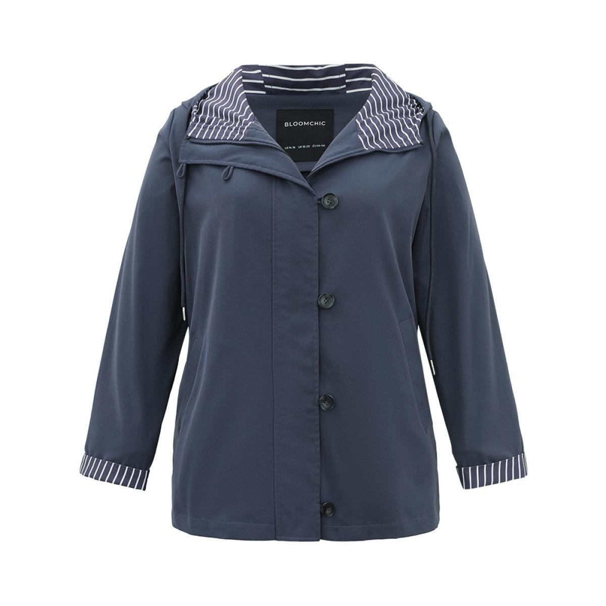 Plus Size Striped Patchwork Zipper Pocket Drawstring Coat Women DarkBlue Casual Contrast Ladies Everyday Winter Coats BloomChic 10/M Product Image
