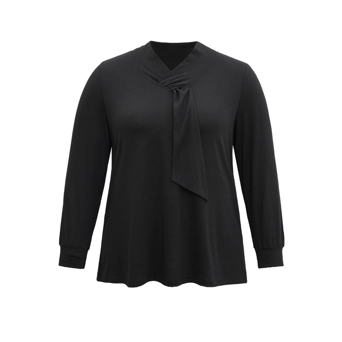 Plus Size Solid Twist Front Asymmetrical Neck Knit T-shirt Black Women Elegant Plain Plain Asymmetrical Neck Dailywear T-shirts BloomChic 14-16/1X Product Image