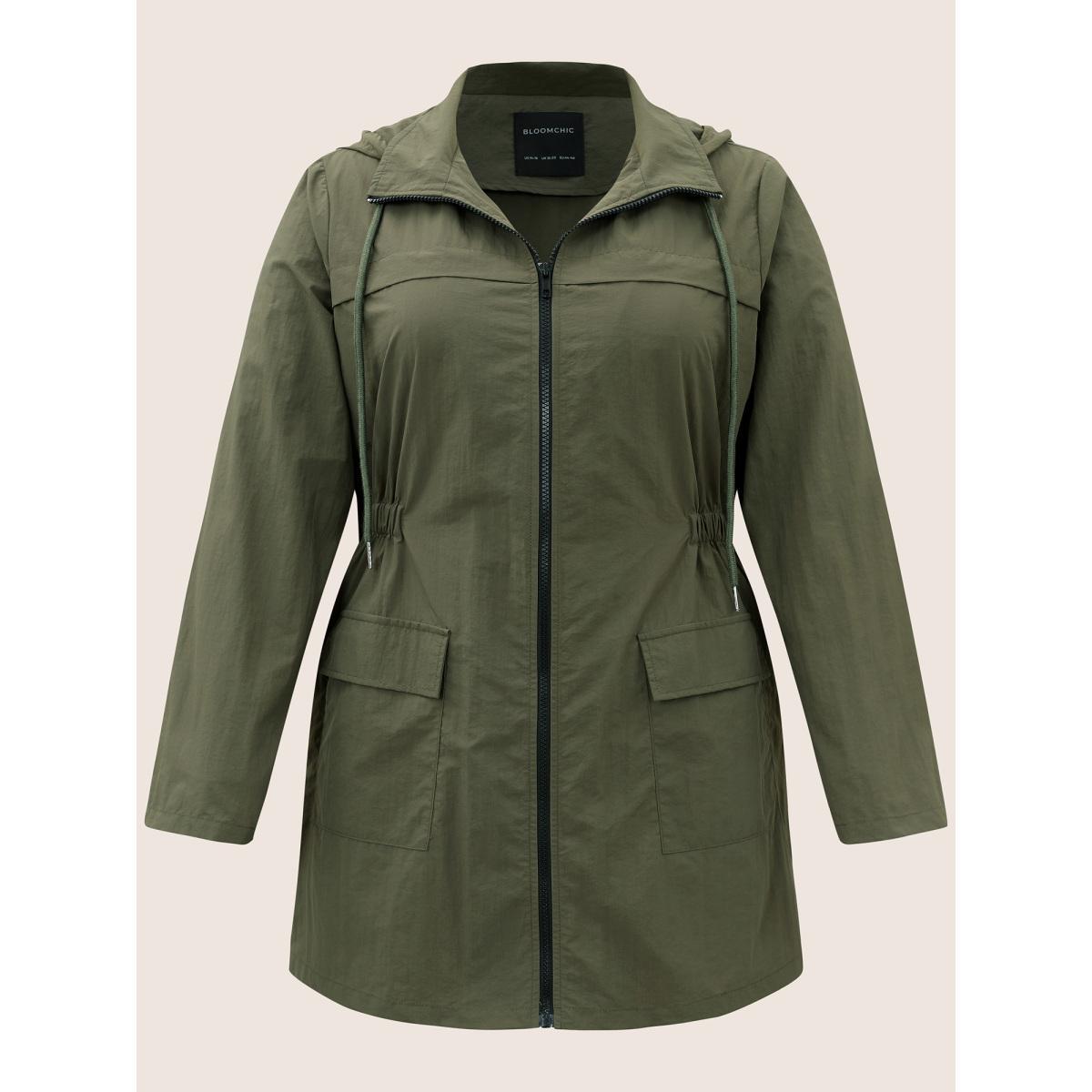 Plus Size Plain Hooded Drawstring Gathered Zipper Jacket Women ArmyGreen Non Patch pocket Everyday Jackets BloomChic 10/M Product Image