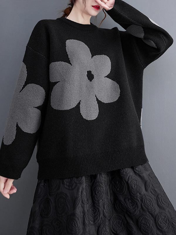 Casual Loose Long Sleeves Contrast Color Jacquard Round-Neck Sweater Tops Product Image