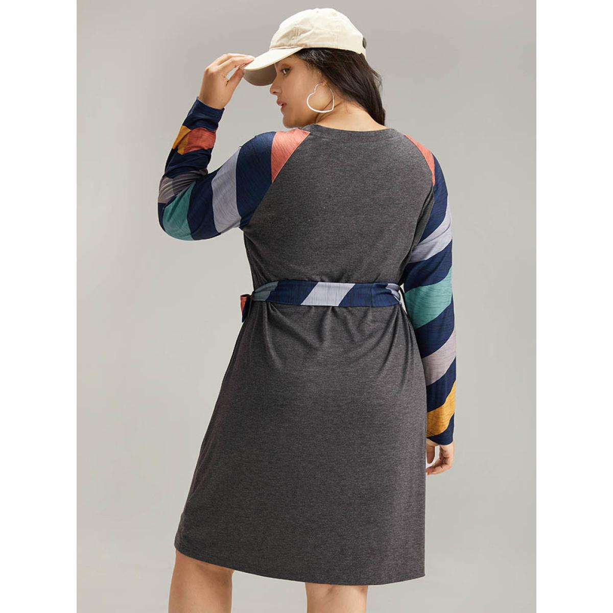 Plus Size Striped Pocket Raglan Sleeve Belted Dress DimGray Women Casual Belted Round Neck Long Sleeve Curvy Knee Dress BloomChic 10/M Product Image