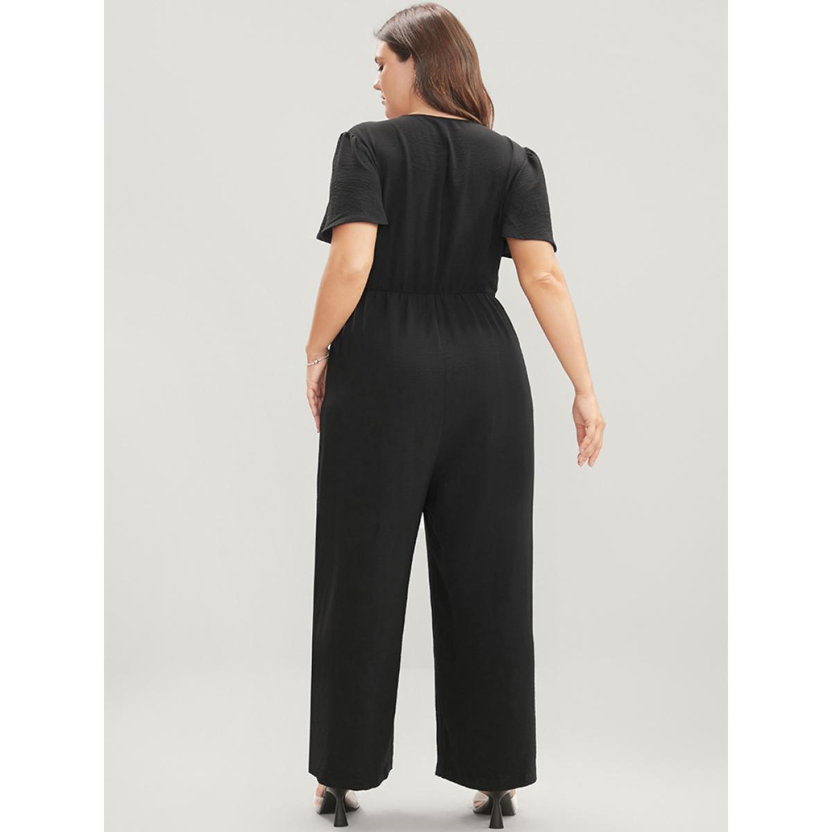 Plus Size Black Solid Zip Up Pocket Ruffle Sleeve Jumpsuit Women Office Short sleeve V-neck Work Loose Jumpsuits BloomChic 26/4X Product Image