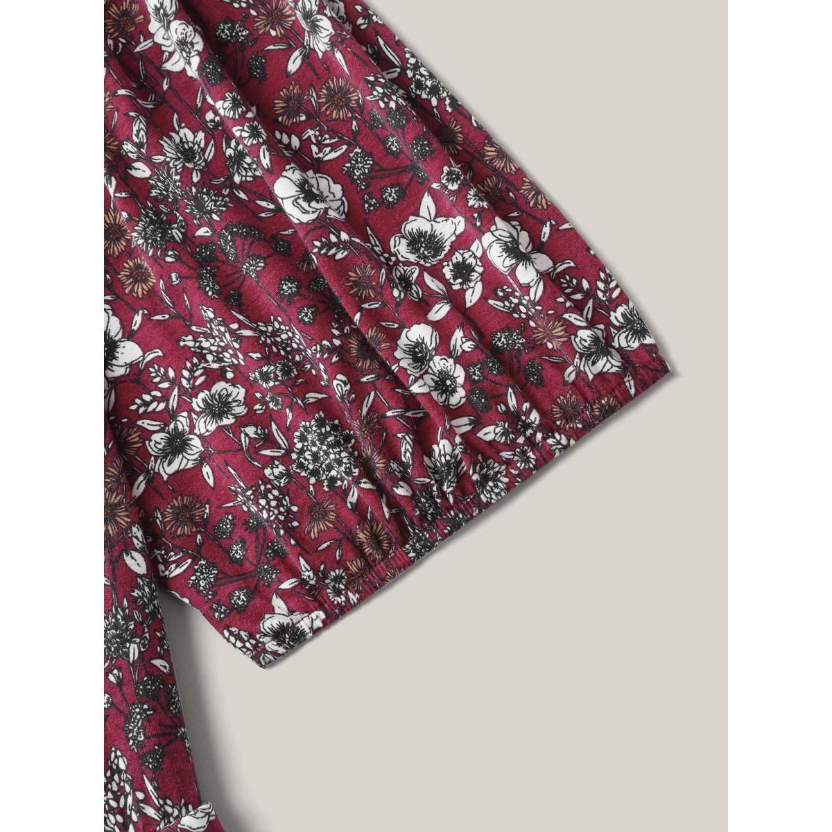 Plus Size Stretchy Ruched Bust Floral Midi Dress Burgundy Women Knit Dresses Bloomchic 10/M Product Image