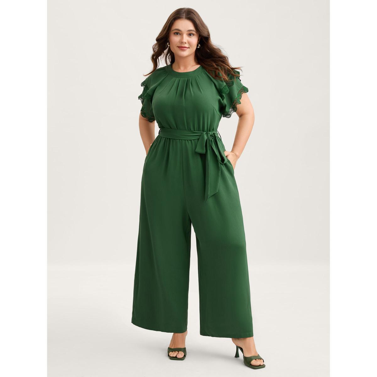 Plus Size DarkGreen Layered Lace Sleeve Belted Solid Jumpsuit Women Cap Sleeve Round Neck Everyday-Elegant Loose Jumpsuits BloomChic 10/M Product Image