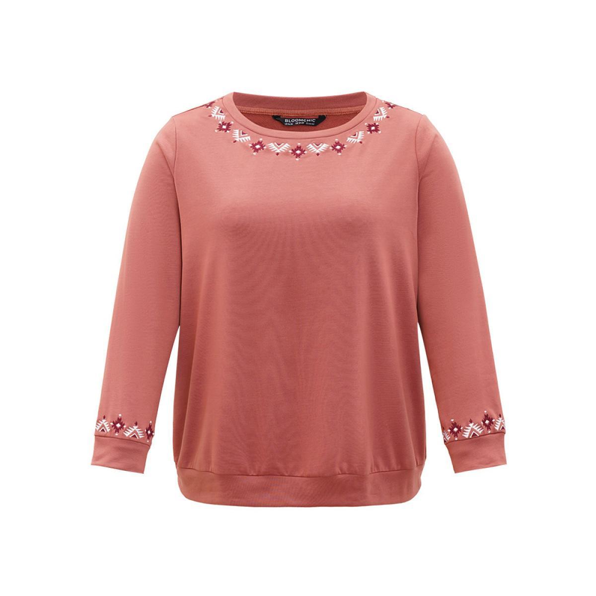 Plus Size Floral Embroidered Long Sleeve Crew Neck Sweatshirt Women DustyPink Elegant Elastic cuffs Round Neck Dailywear Sweatshirts BloomChic 14-16/1X Product Image
