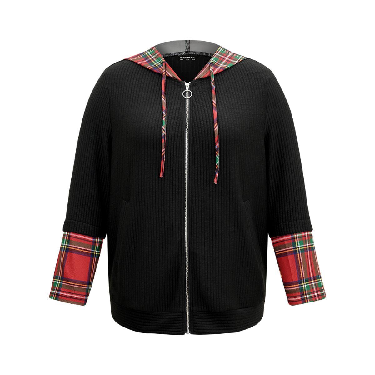 Plus Size Christmas Plaid Patchwork Hooded Zipper Sweatshirt Women Black Casual Contrast Hooded Dailywear Sweatshirts BloomChic 22-24/3X Product Image