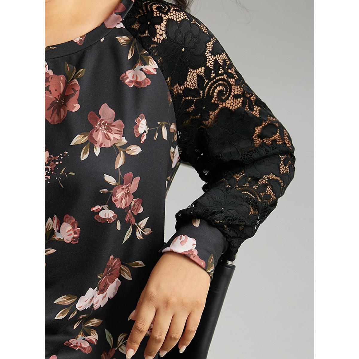 Plus Size Floral Lace Panel Raglan Sleeve Sweatshirt Women Black Elegant Printed Round Neck Dailywear Sweatshirts BloomChic 22-24/3X Product Image