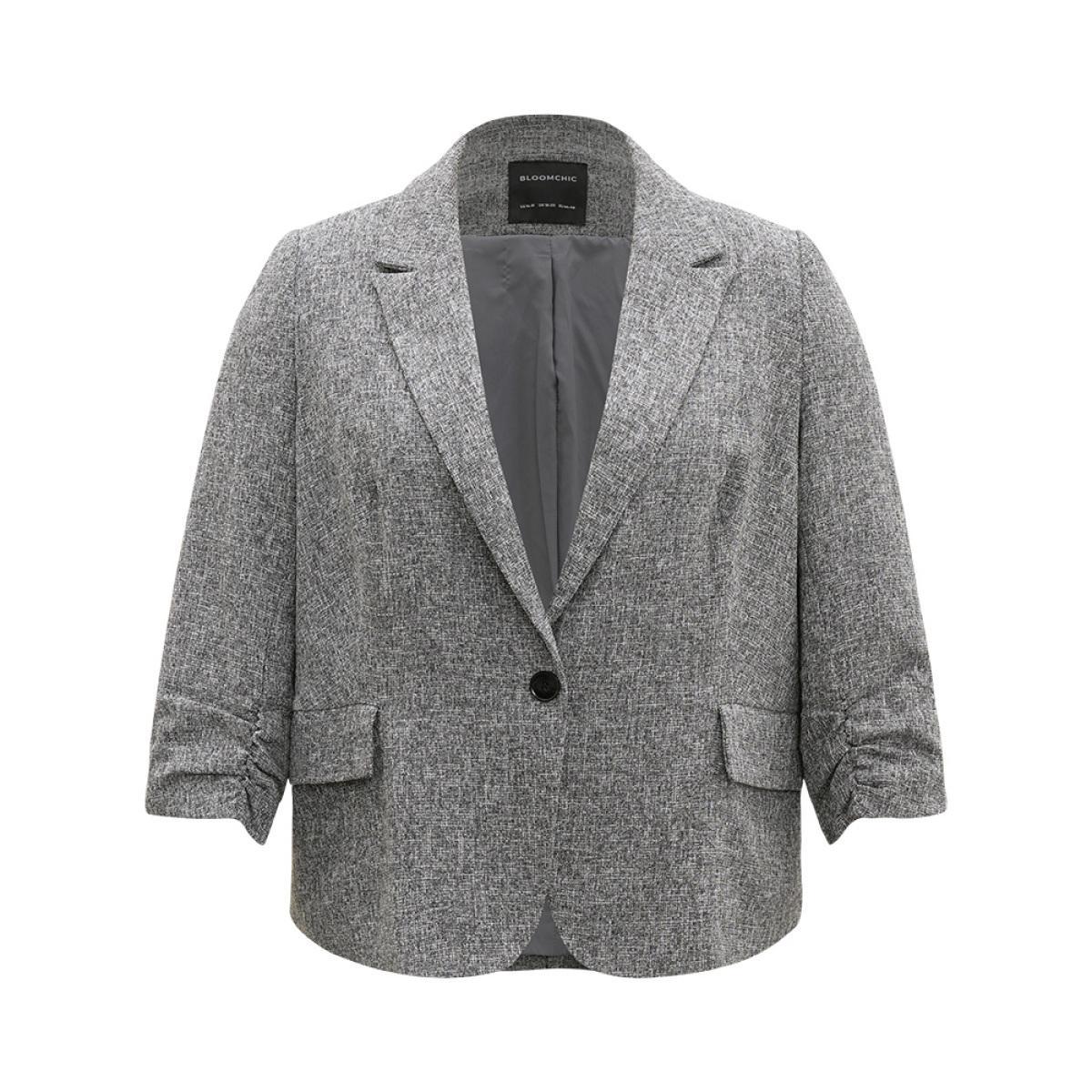 Plus Size Coarse Tweed Ruched Cuffs Flap Pocket Blazer DimGray Women Work Plain Texture Sleeve Long Sleeve Suit Collar 26/4X At the Office Blazers BloomChic Product Image
