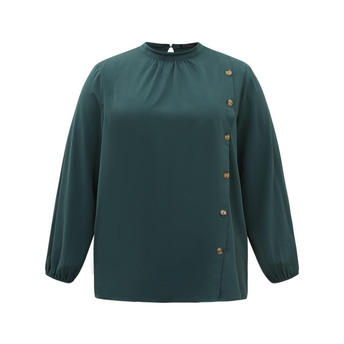 Plus Size Cyan Anti-Wrinkle Asymmetrical Button Gathered Blouse Women Office Long Sleeve Round Neck Work Blouses BloomChic 18-20/2X Product Image