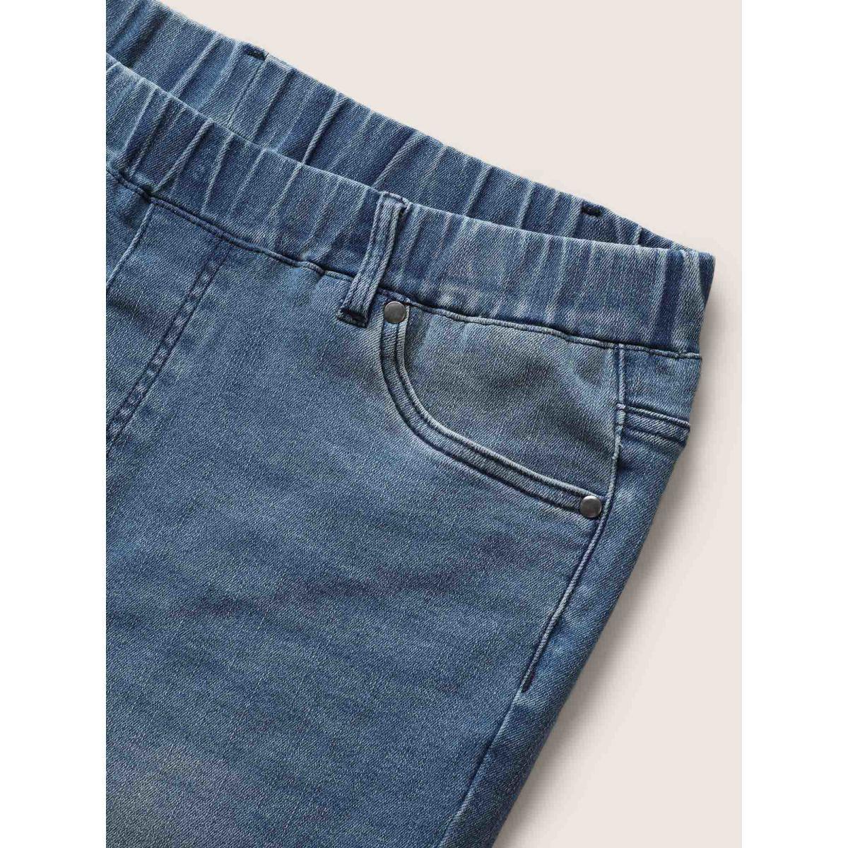 Plus Size Medium Wash Elastic Waist Pull-on Jegging Jeans Women Blue Casual Slit High stretch Slanted pocket Jeans BloomChic 12/L Product Image